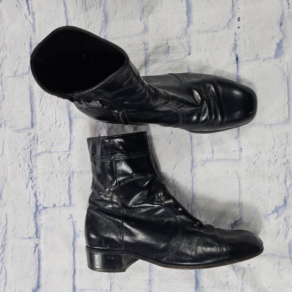 Florsheim Side Zip Boots MENS 8 Black Leather Square Toe Dress Vintage Classic